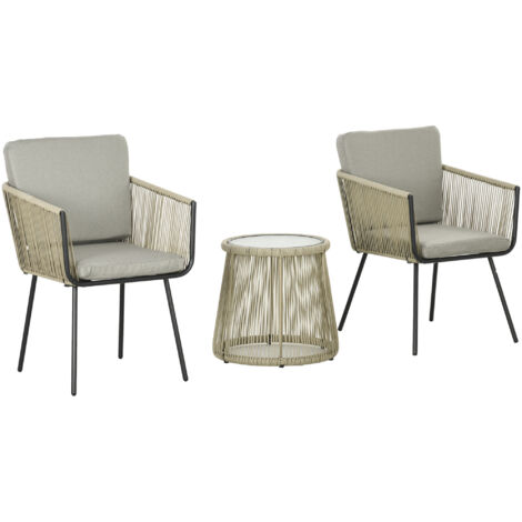 Ensemble d'extérieur avec table basse en verre et 2 chaises de jardin en rotin, style bohème, café