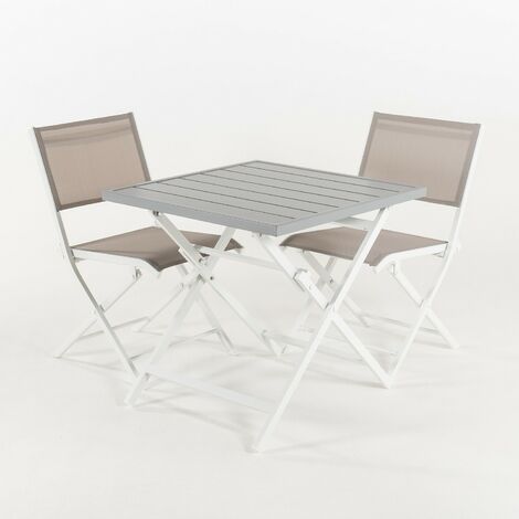 Ensemble d'extérieur, table pliante 70 cm et 2 chaises pliantes, Aluminium blanc, Textilène argent et noir, 2 places assises