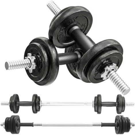 Ensemble d'haltères réglables 20 kg, kit 2-en-1 pour musculation, barre d’extension avec poignée antidérapante, poids ajustable, noir.