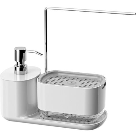 Ensemble distributeur de savon de cuisine avec plateau et porte-éponge, 2 distributeurs de savon, avec porte-torchon - blanc