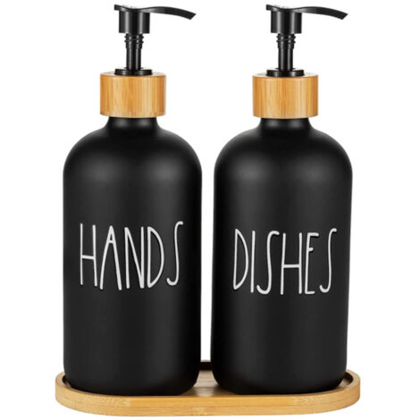 Ensemble Distributeurs de Savon Verre Bambou 2 en 1 - Distributeur Savon Main et Vaisselle 500 ml avec Plateau - Décoration Cuisine Rustique (Noir, Blanc, Brun)