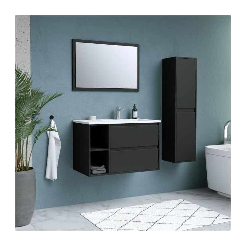 Domino - Ensemble set de salle de bain 80, vanity+vasque+miroir & colonne