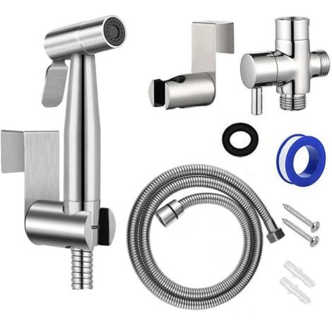 Ensemble douchette bidet - Douchette bidet en acier inoxydable brossé - Pommeau de douche autonettoyant - Flexible et support mural inclus