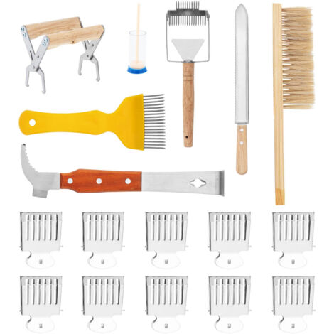 Ensemble d'outils d'apiculture : ciseau, brosse, pince, outil de désoperculation - 17 pièces.