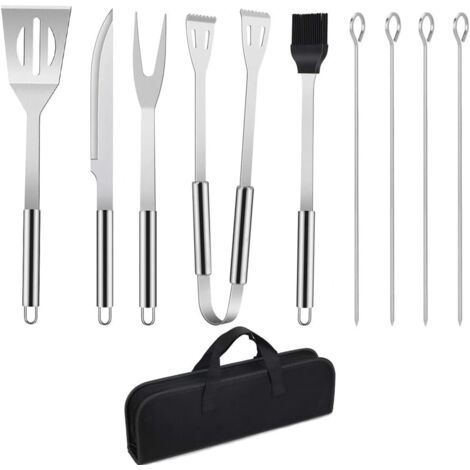 Ensemble d'Outils De Barbecue, 9PCS Barbecue Ustensiles en Acier Inoxydable pour Grillade avec Boîte de Rangement/Spatule/Fourchette/Pince/Couteau/Brochettes et Pinceau pour Extérieur/Camping/Jardin