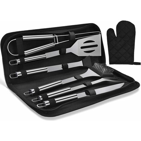 Ensemble d'outils de barbecue en acier inoxydable avec étui de transport, ustensiles de barbecue avec gant de barbecue pour hommes et femmes (7 pièces)