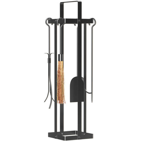 Ensemble d'outils de cheminée 5 pièces, accessoires de cheminée, brosse, pelle, pince, tisonnier, support en métal noir