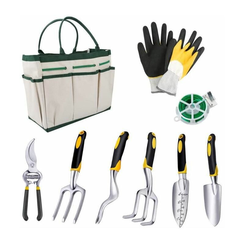 Ensemble d'outils de jardin avec pelle, fourche, transplanteur, râteau, désherbeur, cisaille, corde à plantes, gants Pratique et pratique