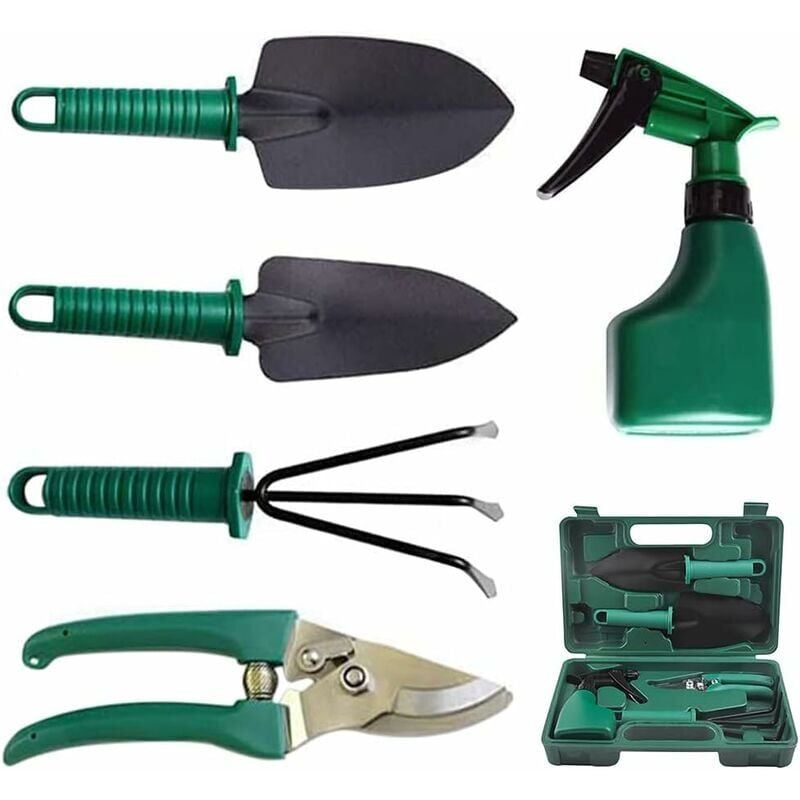 SNQ - Ensemble D'outils De Jardin Kit, 5 Pièces Outils de Jardinage Acier Inoxydable avec Sécateur, Pelles Truelle, Râteau à Main, Arrosoir, Boîte à