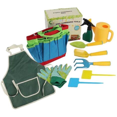 Ensemble d'outils de jardin pour enfants avec sac de transport - Comprend un arrosoir, une pelle, un râteau, une fourche, des gants de jardinage et un arrosoir - Kit de jeu d'extérieur pour enfants