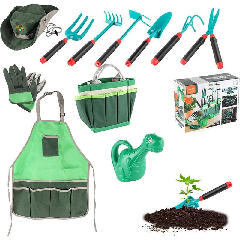 Dazzler - Ensemble d'outils de Jardin pour Enfants - Ensemble de Jardinage Vert pour Tout-Petits,Kit d'outils de Jardin Vert avec arrosoir Dinosaure,