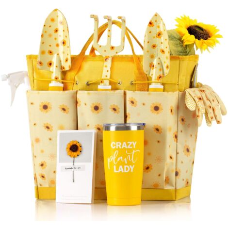 Ensemble d'outils de jardin robustes pour femmes, sac de rangement inclus - Idée cadeau tournesol