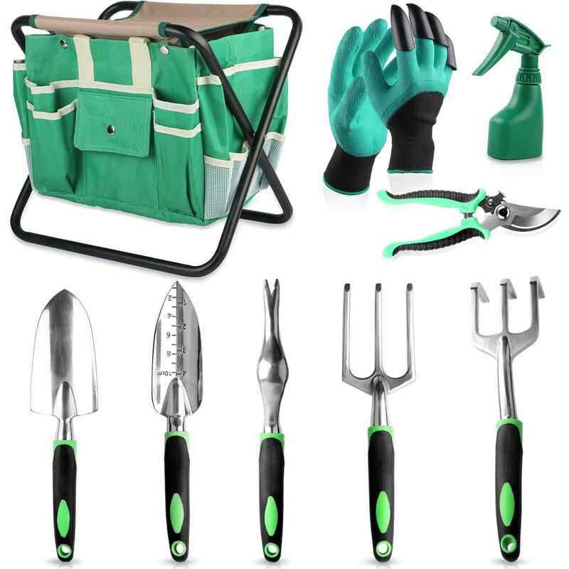 Ensemble d'outils de jardin tout-en-un 9 pièces, kit d'outils de jardinage en alliage d'aluminium moulé robuste avec siège de tabouret pliant et sac
