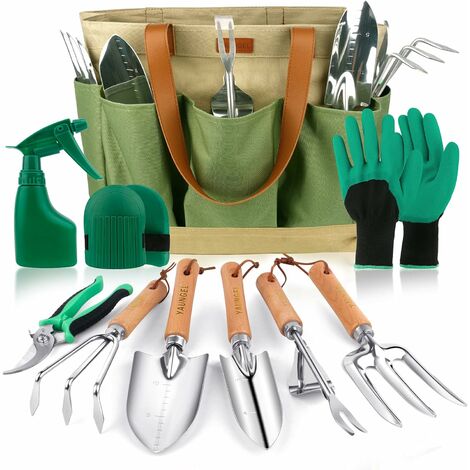 TOVBMUP Ensemble d'Outils de Jardinage, 10 Pièces en Acier Inoxydable à Usage intensif avec poignée en Bois antidérapante - Cadeaux pour Les Femmes et Les Hommes Lumten