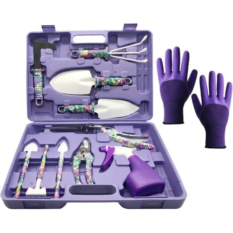Ensemble d'outils de jardinage 11 pièces à motif floral violet : outils de jardinage ergonomiques avec poignée, grattoir, râteau, désherbeur, sécateur, pulvérisateur et étui de transport.