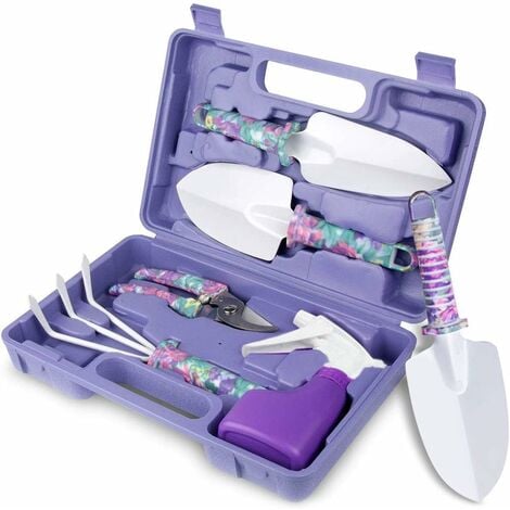 Ensemble D'outils De Jardinage 5 PCS Outils De Jardinage avec Étui De Transport Kit de Jardinage avec Pelle Pelle Trompette Râteau a Main Sécateurs Vaporisateur(Violet)
