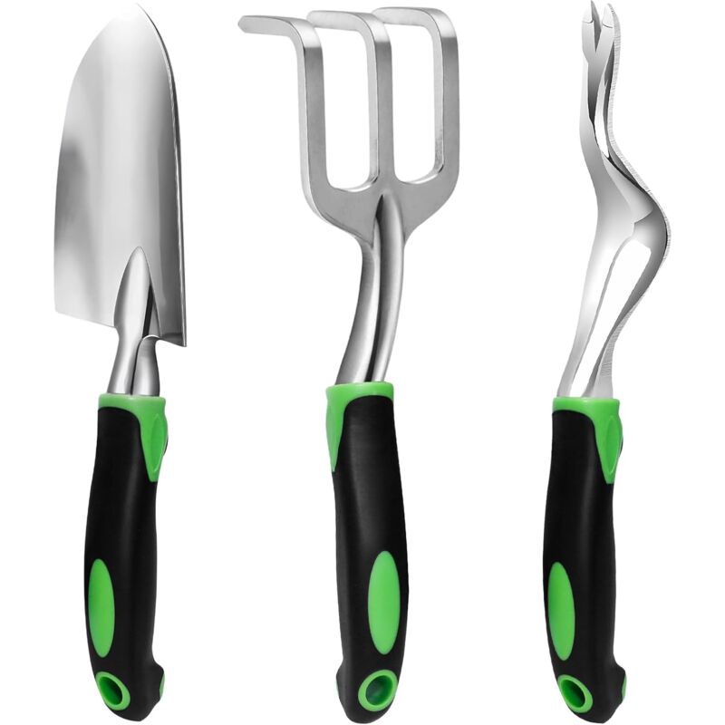 Ensemble d'outils de jardinage robustes en aluminium 3 pièces, outils de désherbage, pelle à terre, râteau à main, désherbeur, poignée en caoutchouc