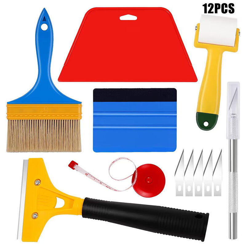 Ensemble d'outils de lissage de papier peint de grattoir de voiture, avec rouleau de grattoir, couteau de coupe, ruban à mesurer, couteau à mastic,