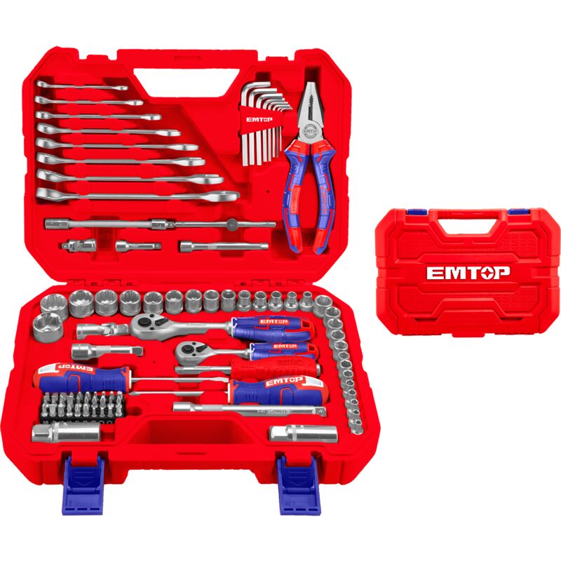 Ensemble d'outils de mécanicien 91 pièces Emtop avec une boite bmc - Rouge et bleu