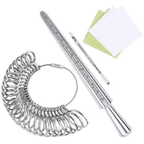Ensemble d'outils de mesure pour bijoux fantaisie et baguiers, comprenant un mandrin et un gabarit de bagues.