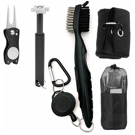 Ensemble d'outils de nettoyage, serviette, brosse de club de golf, taille-crayon et outil de réparation avec sac de golf, kit d'outils de golf essentiel pour homme (noir)