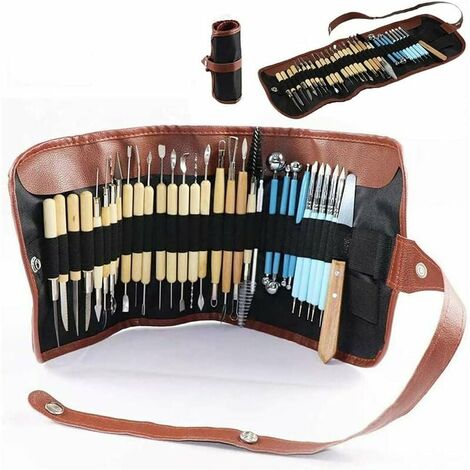 Ensemble d'outils de sculpture de 31 pièces avec étui enroulable, outils de sculpture de poterie en bois 22 pièces + outils d'indentation en argile en céramique 5 pièces + outils de boule en métal à d