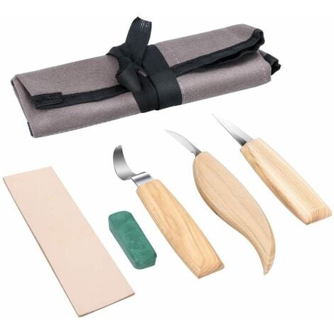 Ensemble d'outils de sculpture sur bois 5 pièces avec couteau de détail à 3 crochets + cire à polir + affûtage + sac, outils de sculpture en acier inoxydable "(5 pièces) cimeterre + couteau utilitaire + couteau modifié + cire à affûter + cuir à affûter + 