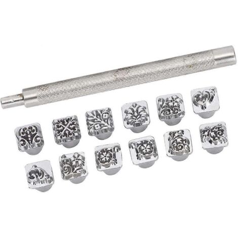 Ensemble d'outils de tamponnage en alliage de zinc comprenant 12 têtes de tamponnage aux motifs variés pour l'impression sur bois et cuir.