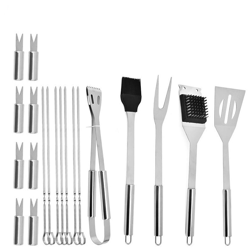 Ensemble d'outils pour barbecue en acier inoxydable : pinces, fourchette à viande, spatule + sac de transport noir pour pique-nique, camping, voyage,