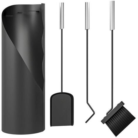 Ensemble d'outils pour cheminée, 4 pièces, comprenant une brosse, une pelle, un tisonnier et un panier, en métal noir.