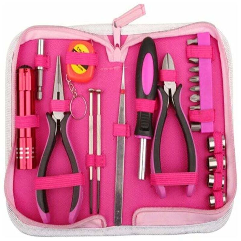 Ensemble d'outils rose 23 pièces pour femme avec étui de rangement en nylon rose pour bricolage et réparation à domicile, bureau