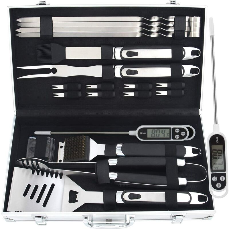 Bearsu - Ensemble d'outils ustensiles pour Barbecue en Acier Inoxydable 20pcs Accessoires pour Barbecue avec étui en Aluminium pour Voyages de