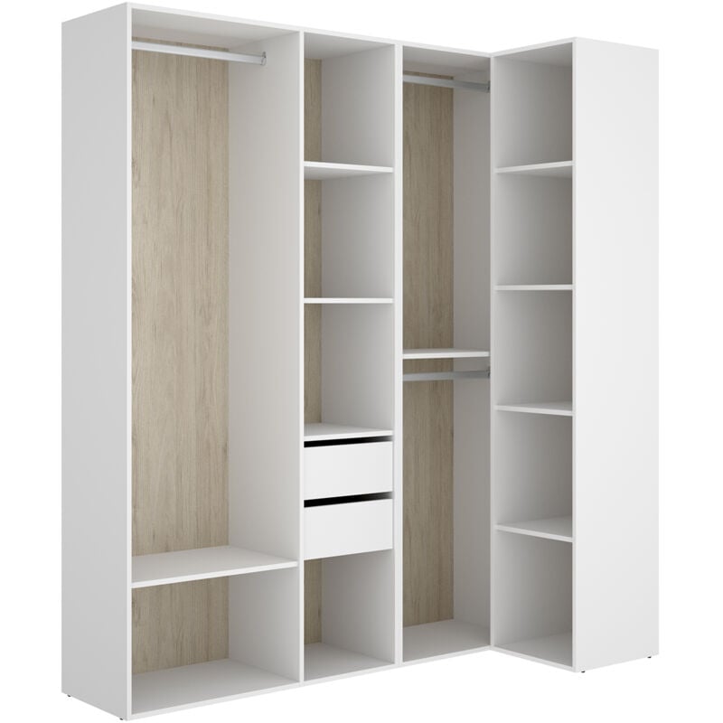 Ensemble dressing d'angle avec 2 tiroirs et fond d'arrière réversible coloris chêne naturel, blanc - Longueur 1825 x Profondeur 79 x Hauteur 205 cm