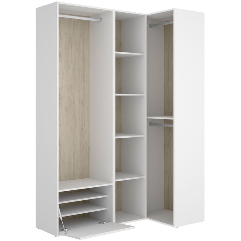 Ensemble dressing d'angle avec portes à chaussures et fond d'arrière réversible coloris chêne naturel, blanc - Longueur 1445 x Profondeur 79 x
