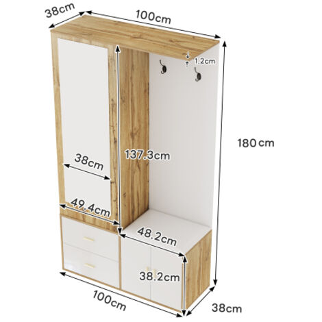Ensemble dressing d'entrée en panneau de bois tons blanc et naturel, avec miroir, meuble à chaussures, banc et tringle à vêtements extensible, élégant et pratique