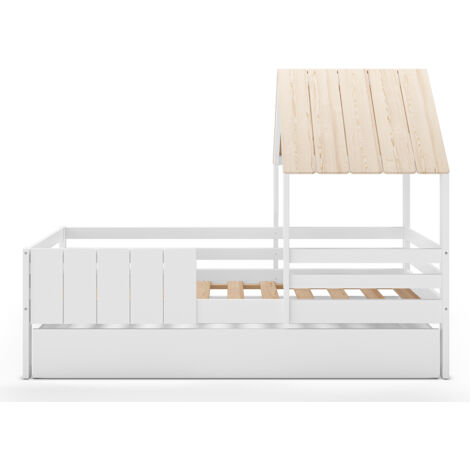 Ensemble du lit cabane pour enfant en bois coloris blanc avec tiroir intégré, couchage 90 x 190 cm