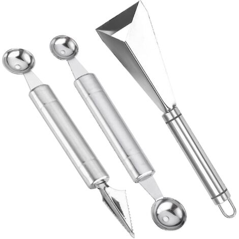 Ensemble d'ustensiles à fruits en acier inoxydable, lot de 3 couteaux à découper les fruits, coupe-fruits, cuillère à melon, outils de sculpture de fruits à faire soi-même pour la cuisine à domicile.