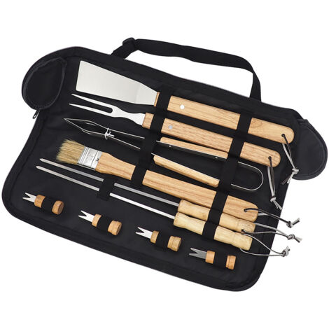 Ensemble d'ustensiles de barbecue 10 pièces, en acier inoxydable avec manche en bois, portable