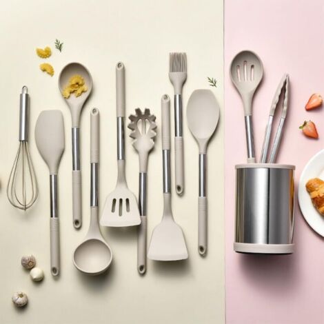 Ensemble d'ustensiles de cuisine, 22 pièces, en silicone, avec poignées en acier inoxydable et revêtement en silicone résistant à la chaleur (gris)