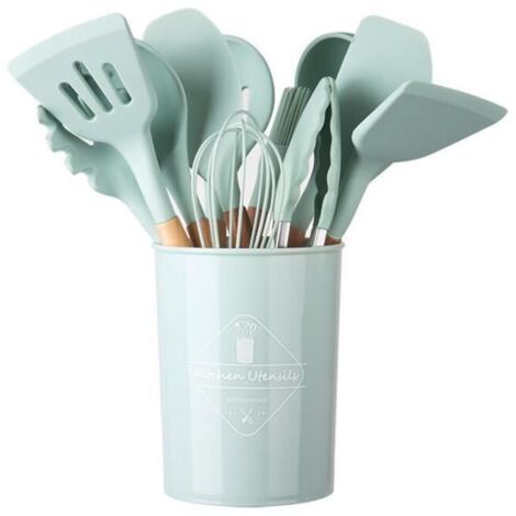 Ensemble d'ustensiles de cuisine - DYGSWIN - 11 pièces - Manche en bois en silicone - Vert