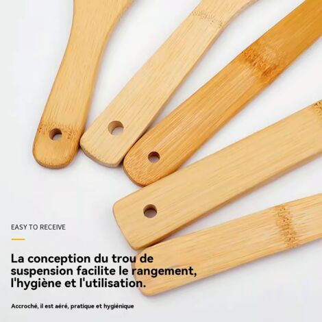 Ensemble d’ustensiles de cuisine en bambou : spatule et cuillère à égoutter, manche long, résistant à haute température