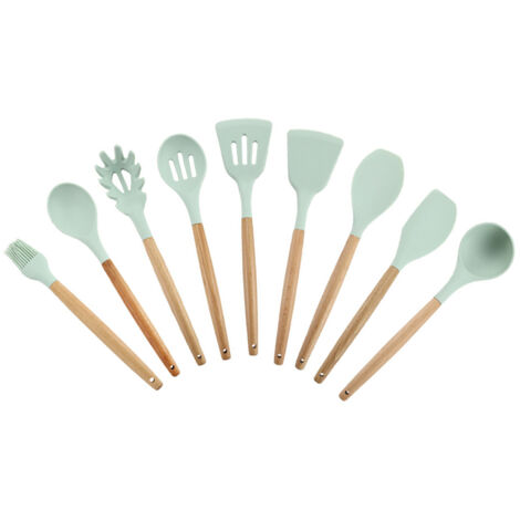 Ensemble d'ustensiles de cuisine en silicone, batterie de cuisine antiadhésive, outils de cuisine, cuillères, spatules, louche, fouet et accessoires (vert, ensemble de 9 pièces)