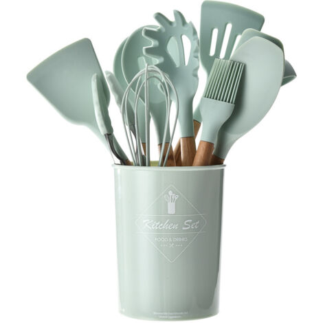 Ensemble d’ustensiles de cuisine en silicone – Vert menthe – Set 11 pièces avec seau