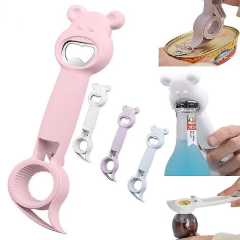 Ensemble d'ustensiles de cuisine roses comprenant un ouvre-boîte, un tire-bouchon et un décapsuleur.