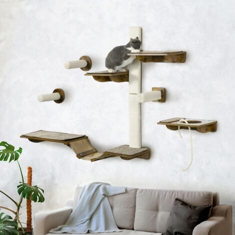 Ensemble échelle pour chat, mur d'escalade, 8 pièces, jusqu'à 8 kg, robuste, marron/blanc crème