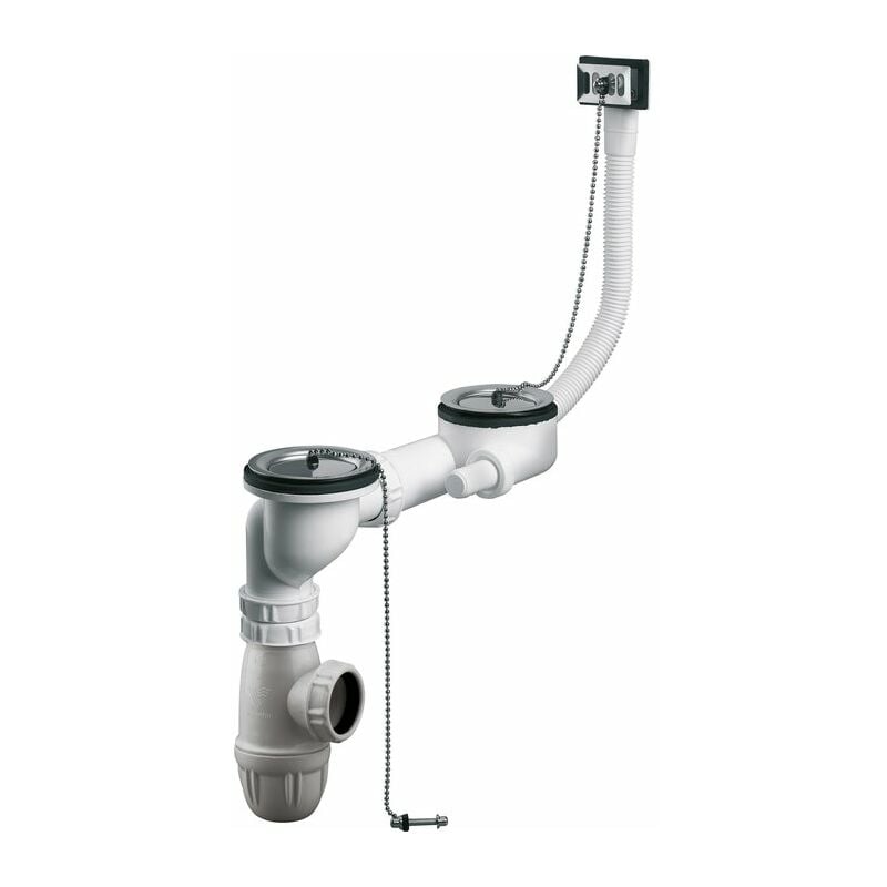 Vidage complet d'évier avec 2 bondes à bouchon et trop-plein latéral Valentin 2 cuves