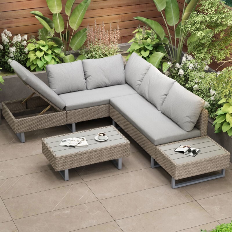 Redom - Ensemble de rotin, Salon de jardin avec canapé d'angle pour 4 - 5 personnes, salon , table, coussins, housse de tissu amovible et lavable,
