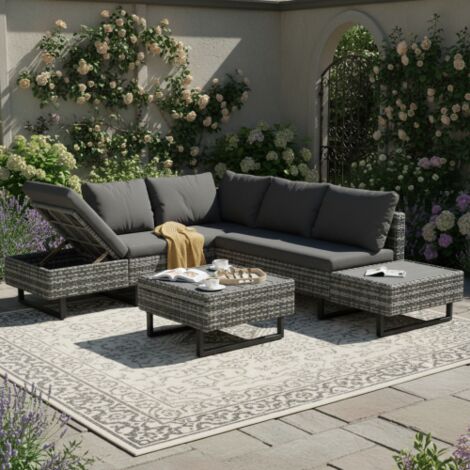 Ensemble en polyrotin, salon de jardin avec canapé et fauteuils, salon de jardin pour 4 à 5 personnes, salon avec canapé d'angle, table et coussins, housses en tissu amovibles et lavables, gris