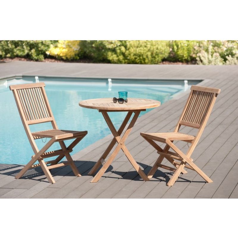 Harris - salon de jardin en bois teck 2 personnes - Ensemble de jardin - 1 Table ronde pliante 80 cm et 2 chaises - Marron