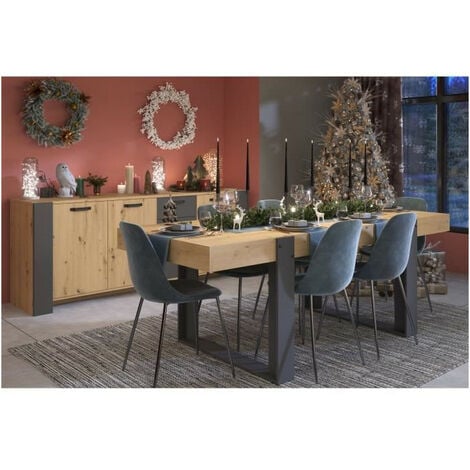 Ensemble enfilade + table LOFT - Mélaminé décor chene artisan et gris - Table rectangulaire 8 personnes-Enfilade 3 portes - P